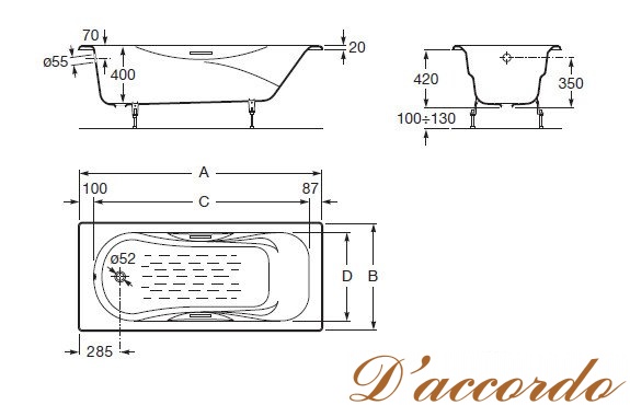 картинка Ванна чугунная Roca Malibu 160x70 см с ручками от магазина D'accordo