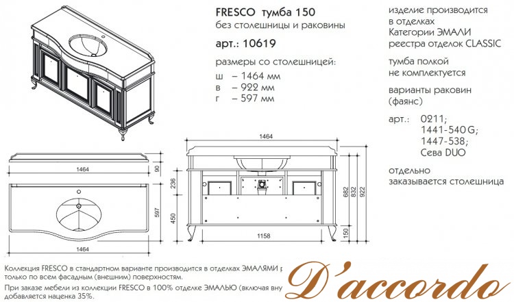 картинка Мебель для ванной Caprigo Фреско 150 от магазина D'accordo