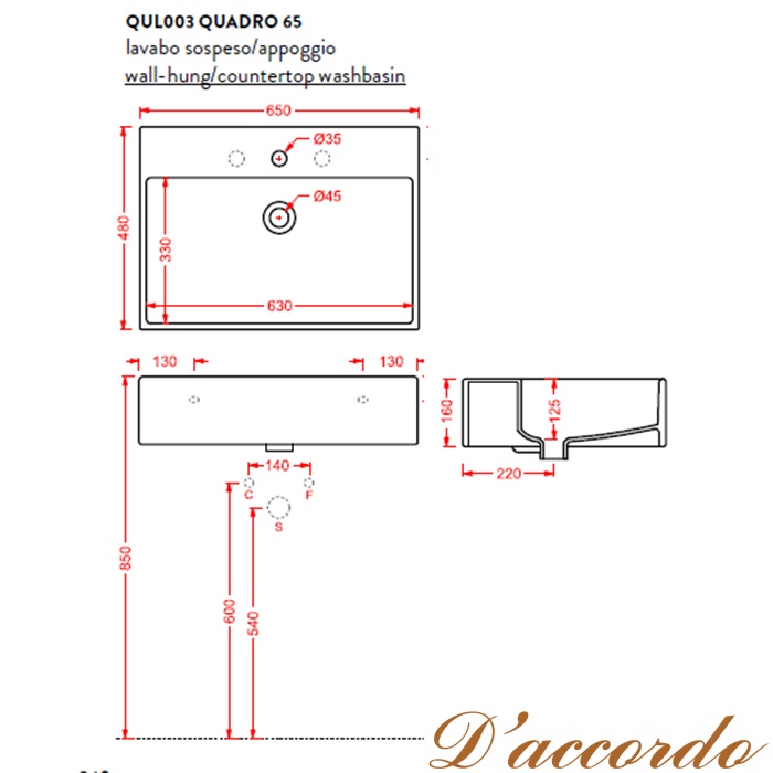 картинка Artceram QUADRO Раковина накладная/подвесная  65х48 см, с 1 отв под смеситель, со слив переливом, цвет белый. от магазина D'accordo
