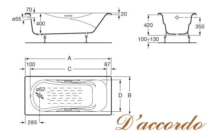 картинка Ванна чугунная Roca Malibu 170x75 см с ручками от магазина D'accordo
