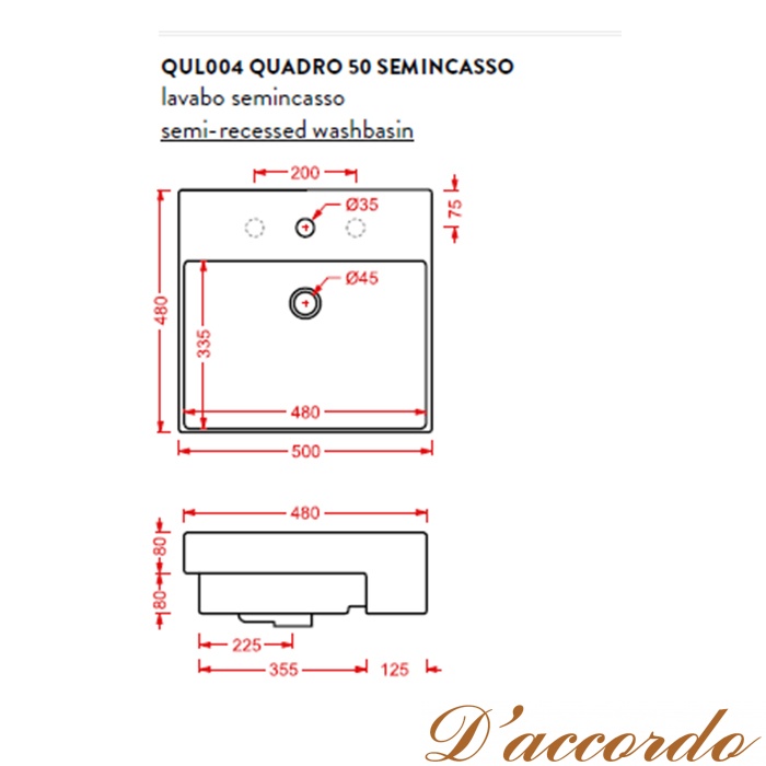 картинка Artceram QUADRO Semincasso Раковина накладная полувстраиваемая 50х48 см, с 1 отв под смеситель, со слив переливом, цвет белый. от магазина D'accordo